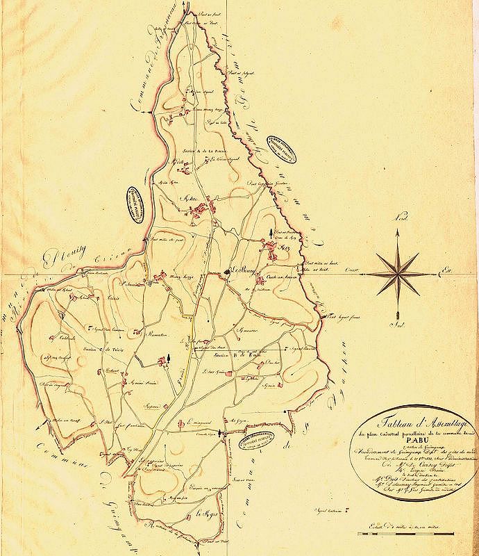 La commune de Pabu d′après le tableau d′assemblage des plans cadastraux parcellaires de 1822 (source : Archives départementales des Côtes-d'Armor)